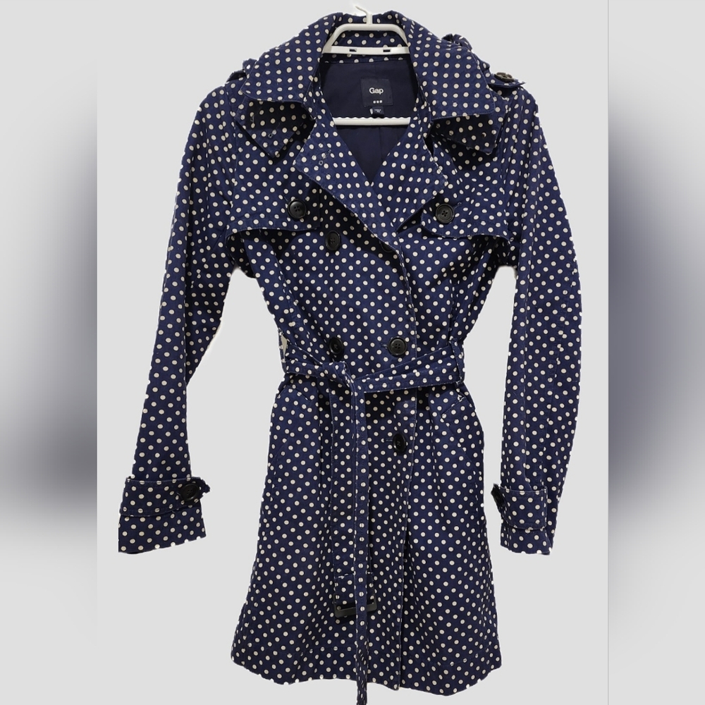 Navy and white polka dot trench coat